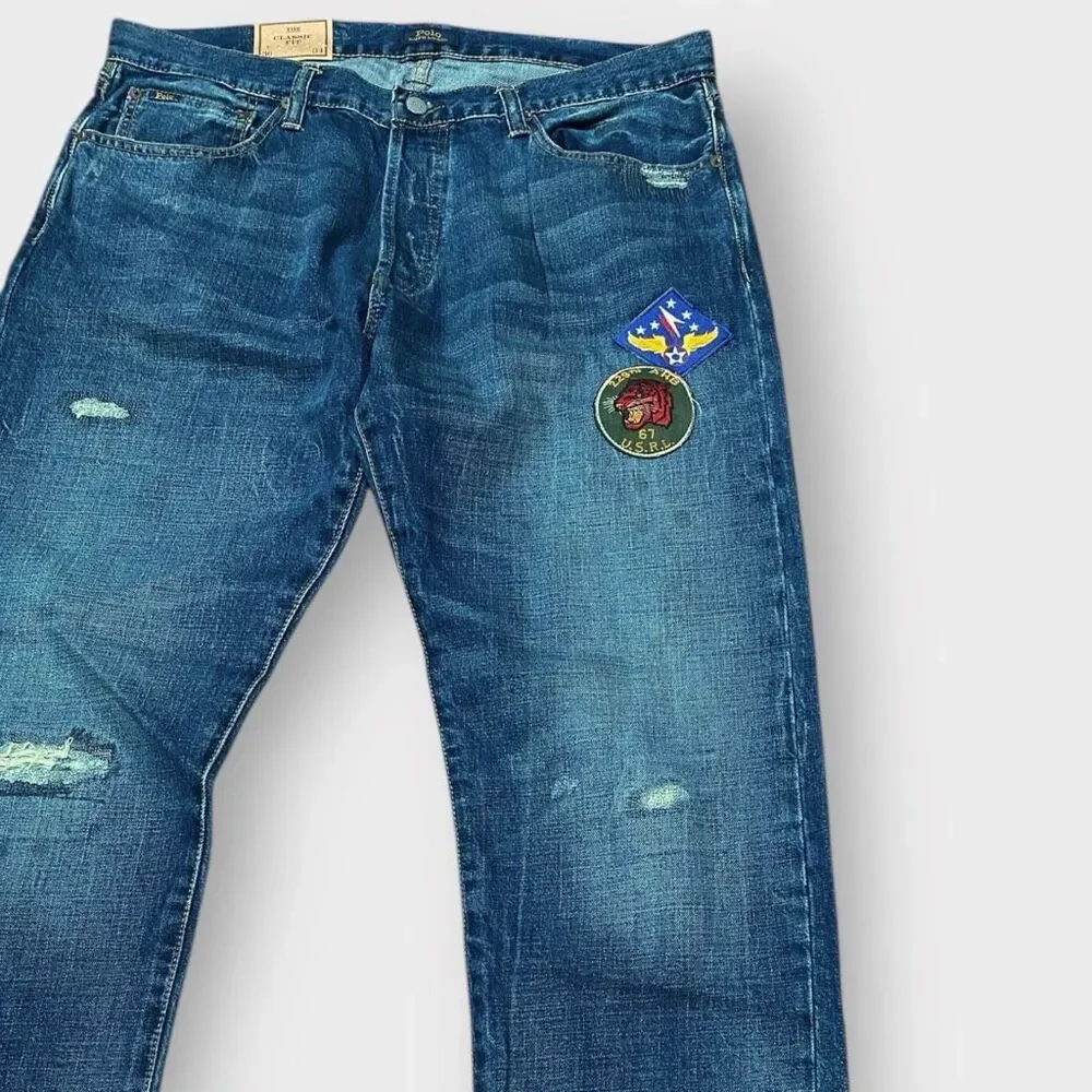 Polo Ralph Lauren Tiger Military Patch Patchwork Distressed Jeans size 36x34 New - Picture 3 of 14